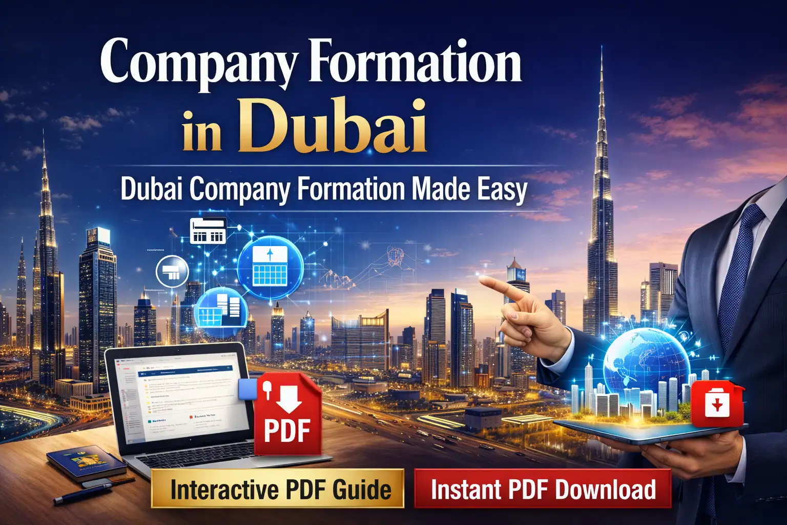 Company Formation in Dubai Interactive PDF Guide - Dubai Company Formation Made Easy. Discover the benefits, step-by-step process, costs, legal structures, and expert insights to start your business in Dubai with clarity and confide. Company Formation in Dubai – Powerful Benefits, Steps, Costs, and Expert Insights for Entrepreneurs