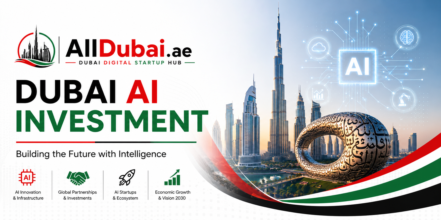 Dubai AI Investment - How Dubai Is Building a Global Artificial Intelligence Powerhouse. Dubai AI investment is reshaping the UAE economy through AED 543+ billion in strategic AI funding, global partnerships, startup ecosystems, and government-led innovation designed to position Dubai as a global AI superhub by 2030.
