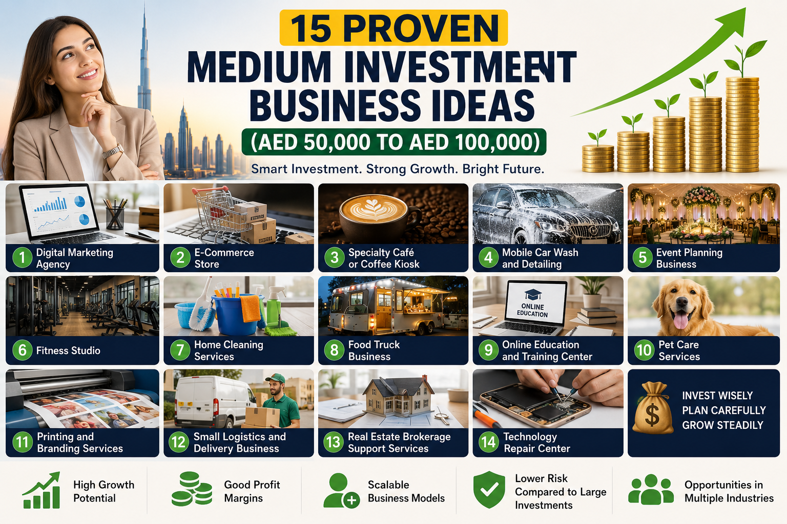 Discover the best Medium Investment Business Ideas (AED 50,000 to AED 100,000) for entrepreneurs in 2026. Explore profitable opportunities, startup costs, benefits, challenges, and expert tips for success.